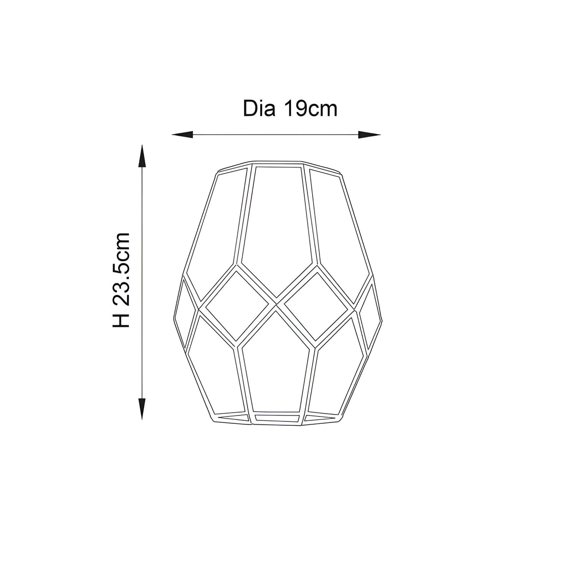 Dimension diagram of the Endon Chartwick pendant shade showing 19cm diameter and 23.5cm height on a plain white background.