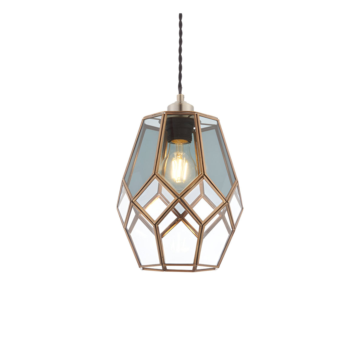 Endon Chartwick pendant shade with clear and smoked grey glass panels set in an antique brass cage frame, lit by an exposed filament bulb.