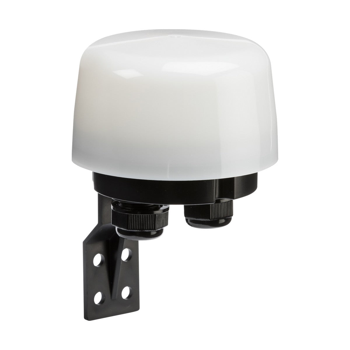 The 10A IP66 Photocell Control Sensor is a dome-shaped, white electronic sensor antenna mounted on a black bracket with two visible cable connectors underneath. The bracket, featuring multiple holes for versatile mounting options, indicates that it is designed for outdoor installations in ambient light conditions.