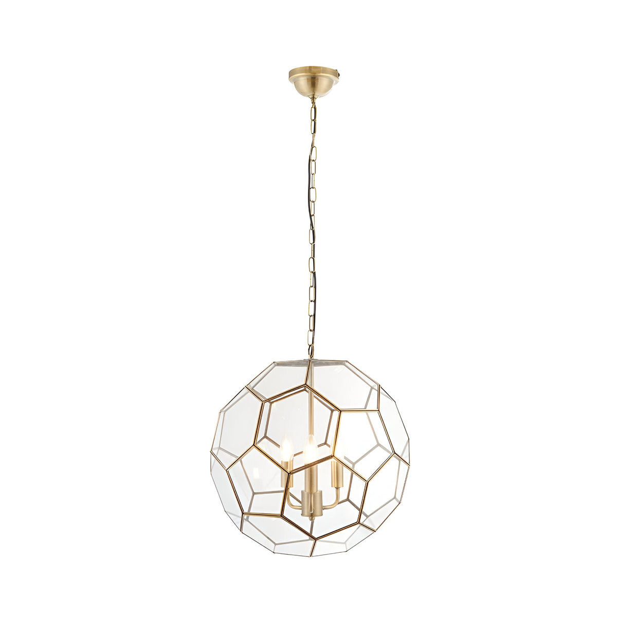 Endon Carldon 3 light pendant with hexagonal clear glass panels edged in antique brass, suspended from a decorative chain on a white background.