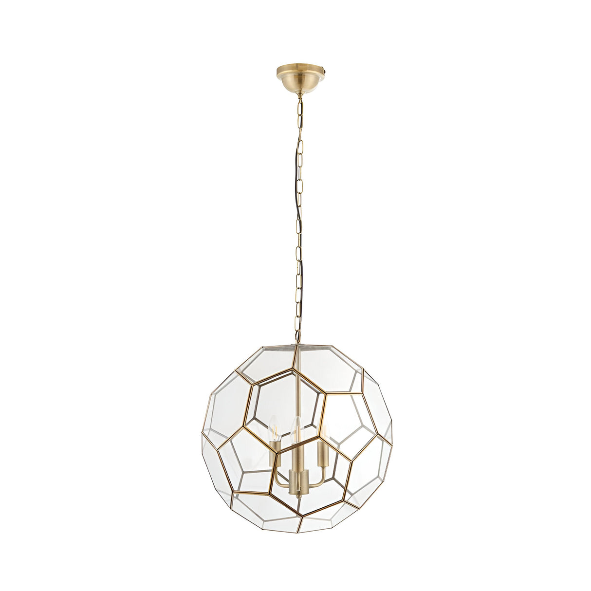 Endon Carldon 3 light pendant with hexagonal clear glass panels edged in antique brass, suspended from a decorative chain on a plain background.
