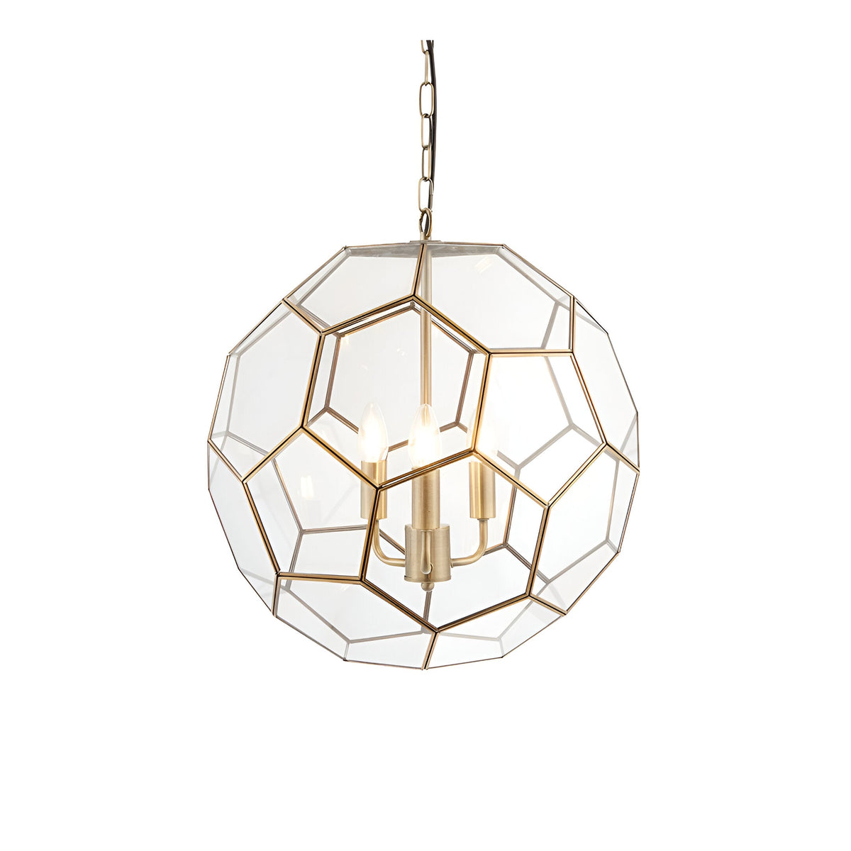 Endon Carldon 3 light pendant with hexagonal clear glass panels edged in antique brass, suspended from a decorative chain on a white background.