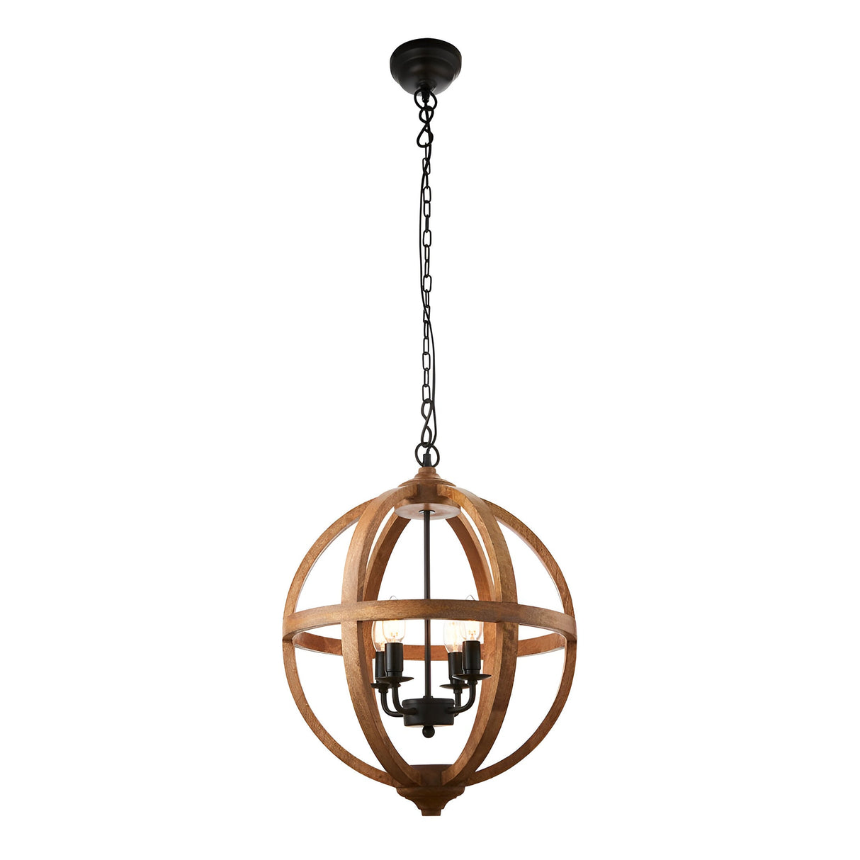 Cranleigh 4-light pendant featuring natural mango wood hoops forming an open globe around a dark bronze fitting with four candle-style bulbs.