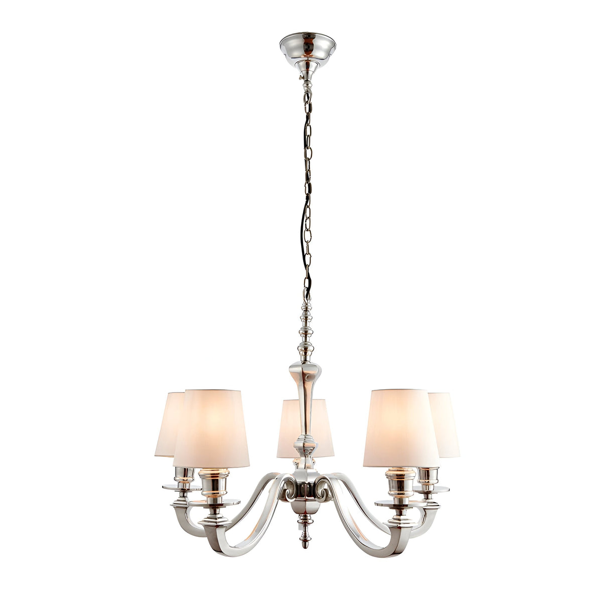 Endon Brambourne 5 light pendant in polished aluminium with curved arms, cream tapered shades and chain suspension on a white background.