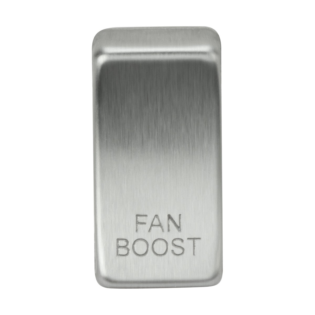 A Switch Cover Marked "FAN BOOST" in brushed chrome, featuring a metallic rectangular design with engraved text and a slightly raised surface that allows for easy interchangeability with similar rocker covers.