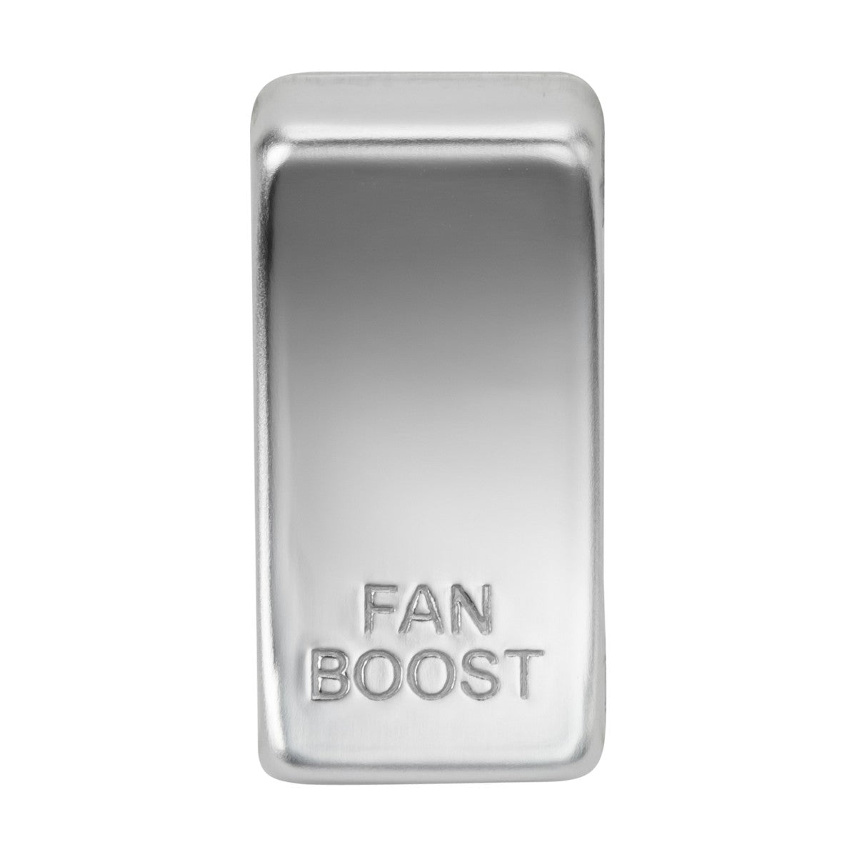 The Switch Cover marked "FAN BOOST" is a rectangular silver piece made from polished chrome, with the words "FAN BOOST" engraved on its elegantly light-reflecting surface.
