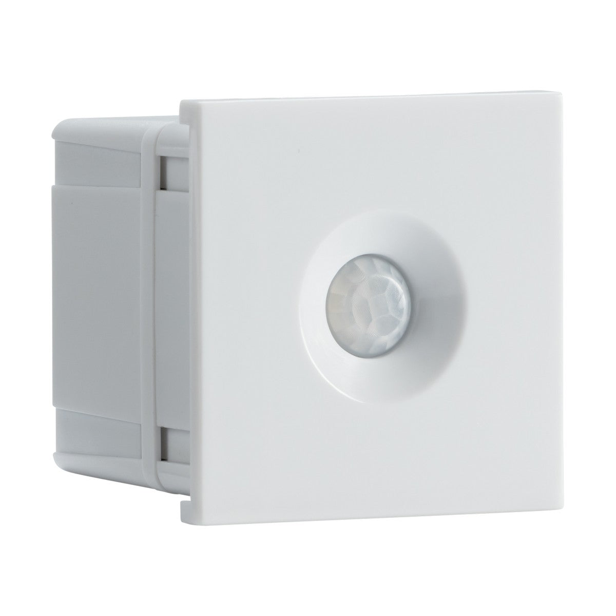 The 120° PIR Sensor Module 50x50mm - White is a sleek, square device featuring a central circular lens that employs passive infrared technology for accurate detection. It is designed for effortless installation on walls or ceilings and sports a minimalist style with smooth edges, perfectly fitting Euro modular frames.