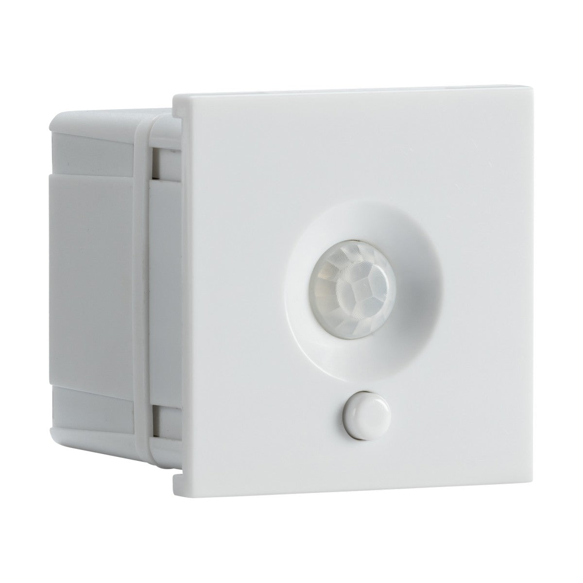 The 120° PIR Sensor Module with Override, featuring a 50 x 50mm square design and a central round passive infrared sensor, ensures efficient detection in its compact white form. Engineered for functionality, it effectively identifies movement within its field of detection.