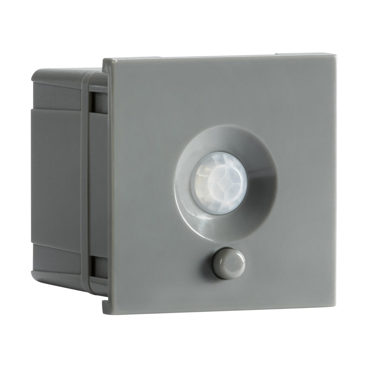 The 120° PIR Sensor Module W/Override 50x50mm - Grey integrates seamlessly into euro modular frames with its square design, central circular lens, and a small knob underneath. This lux-sensitive passive infrared sensor is ideal for wall mounting and ensures efficient operation.