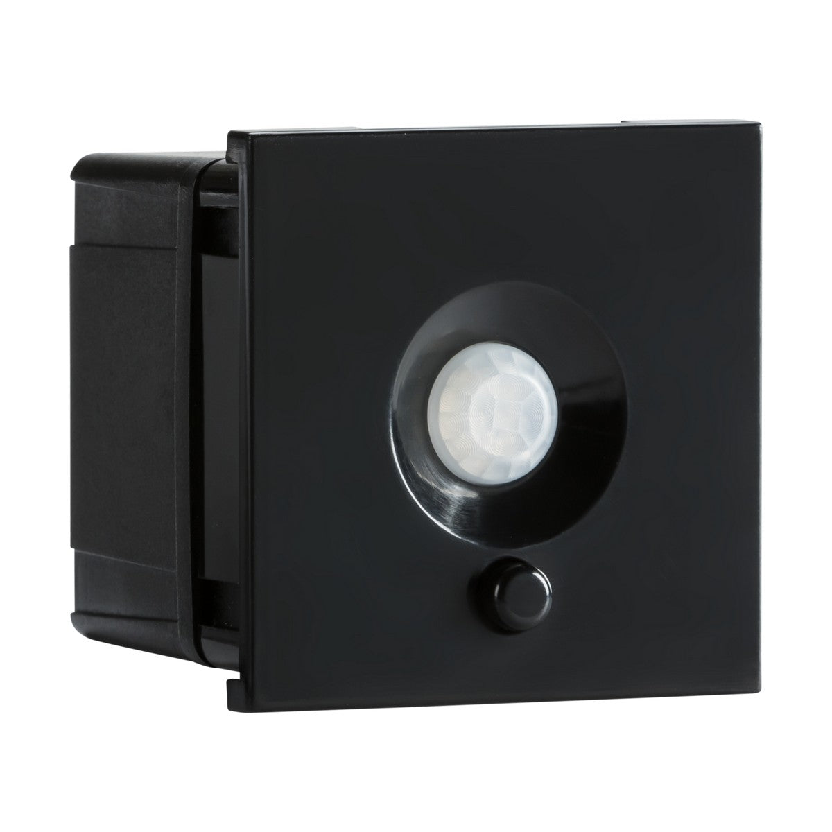 Introducing the 120° PIR Sensor Module W/Override in black, a sleek and square wall-mounted motion sensor. It features a central round lens with a small button below, designed to integrate seamlessly with modern home security systems. This stylish device utilizes passive infrared technology and is compatible with Euro modular frames, making it a perfect addition to any sophisticated setup.
