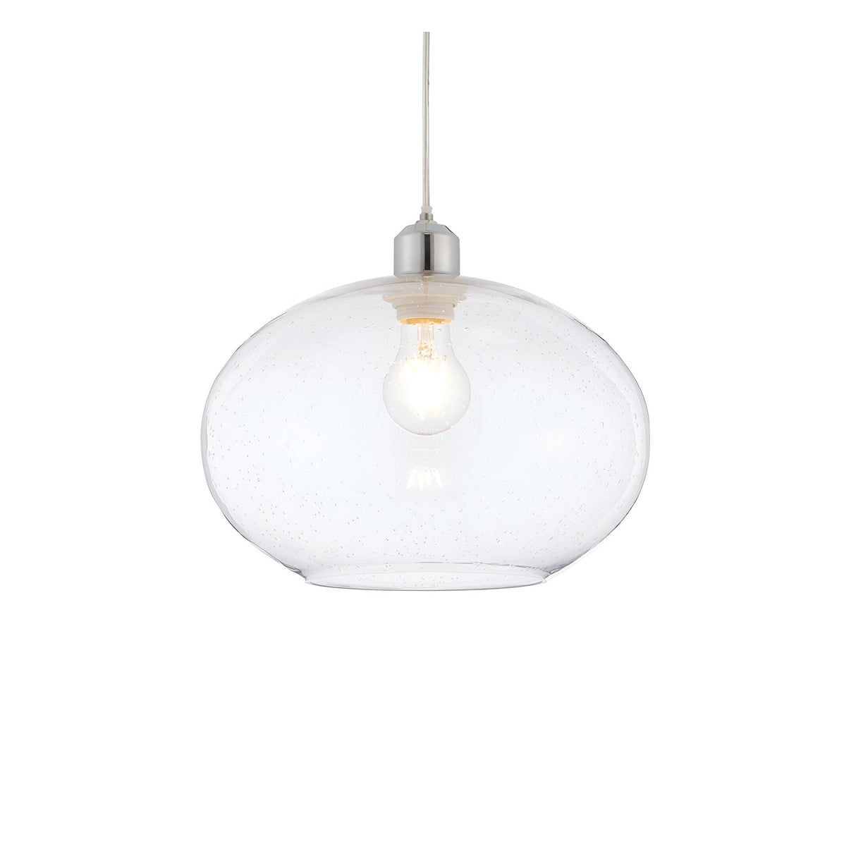 Endon Brackcombe pendant shade in rounded clear bubble glass with a chrome lamp holder and E27 bulb, shown on a plain white background.