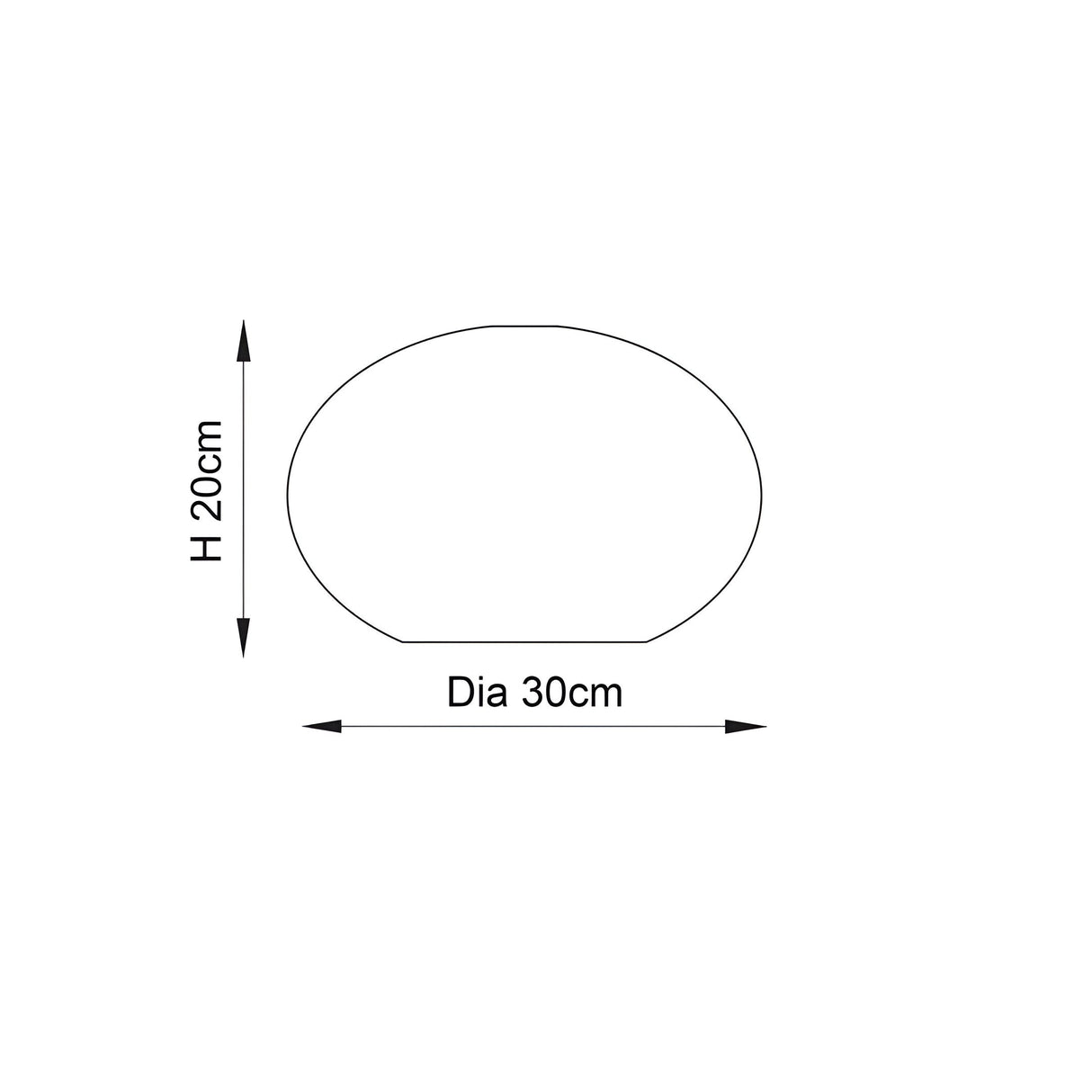 Dimension diagram of the Endon Brackcombe Glass Pendant Shade showing a rounded oval profile measuring 20cm high and 30cm in diameter.