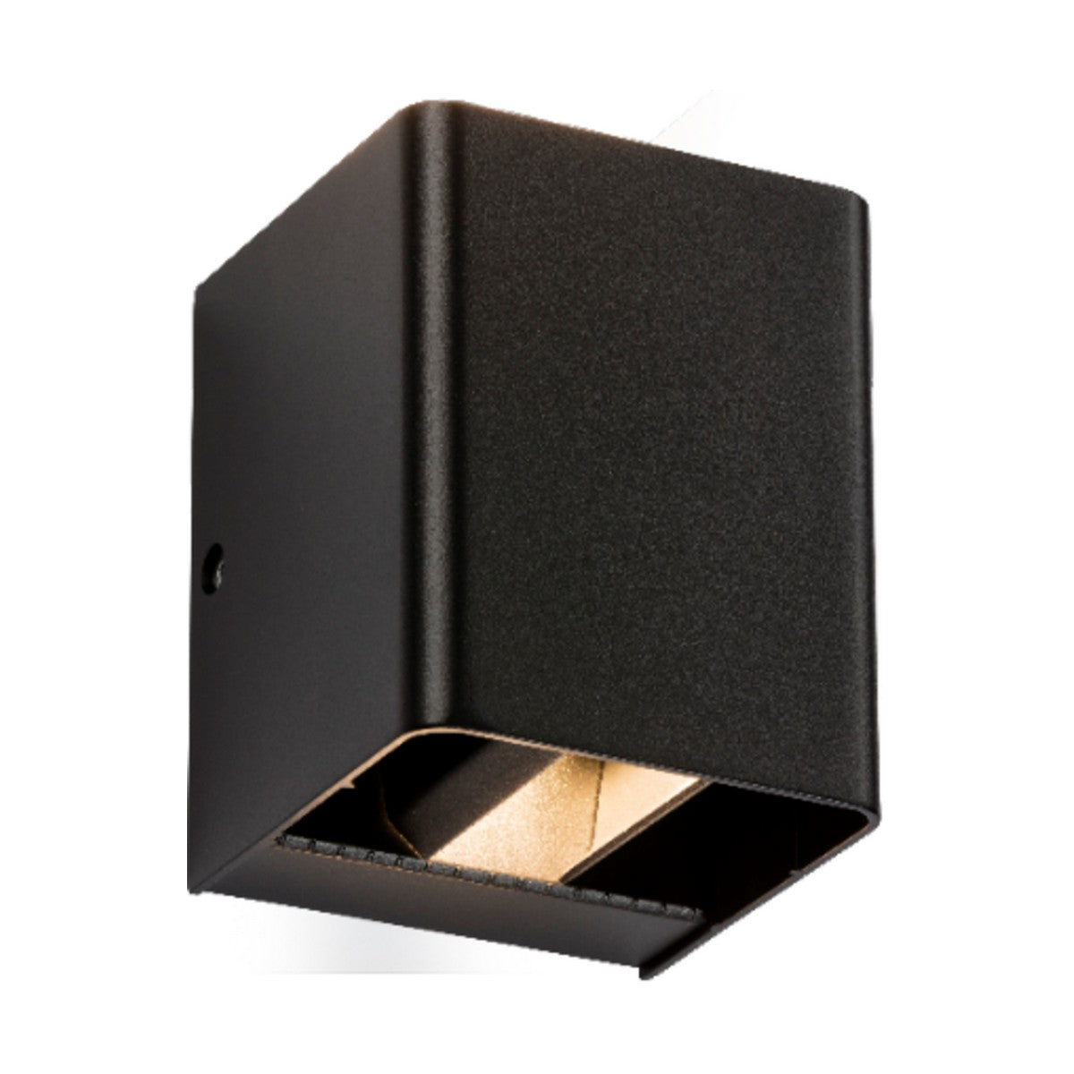 Introducing the Outdoor LED Adjustable Up & Down Wall Light in Black: a contemporary wall-mounted fixture boasting a sleek rectangular design. It delivers a warm 3000K white glow for a cozy ambiance and features partial openings at the bottom to enhance light dispersion. Its IP65 weatherproof rating makes it ideal for any environment.
