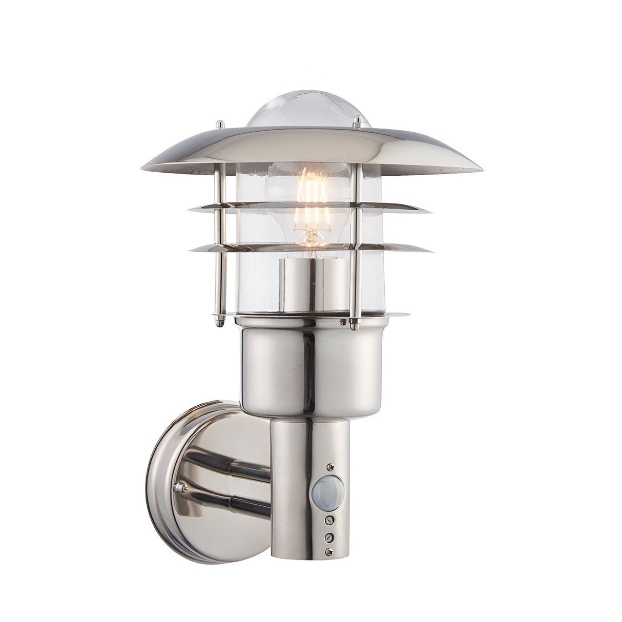 Endon Brackbury tiered outdoor wall light in polished stainless steel with clear glass shade, E27 filament bulb and built-in PIR sensor, on a white background.
