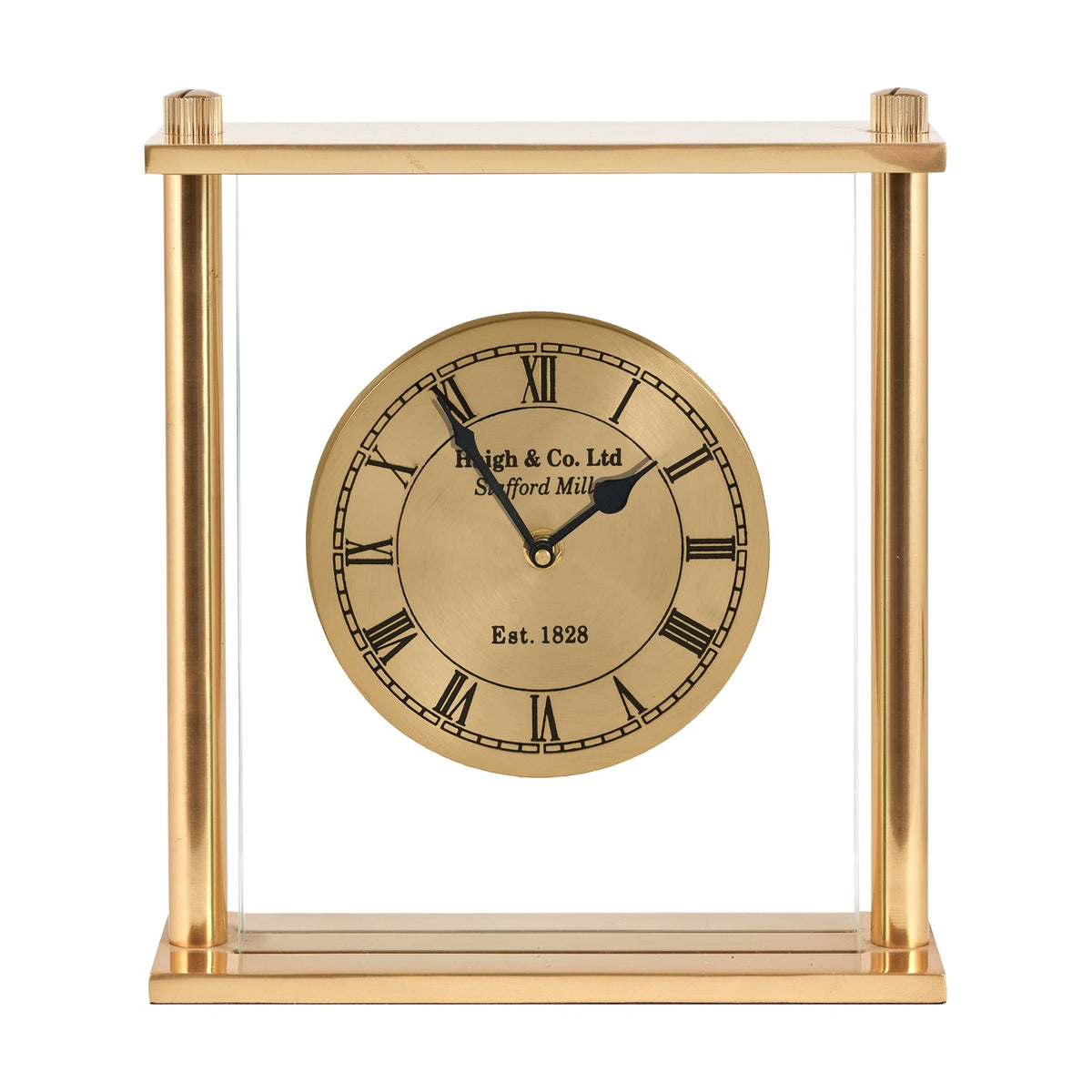 Gold brass mantel clock, 28cm, with a rectangular open frame, glass panels, and a round gold clock face floating inside, set against a plain white background.