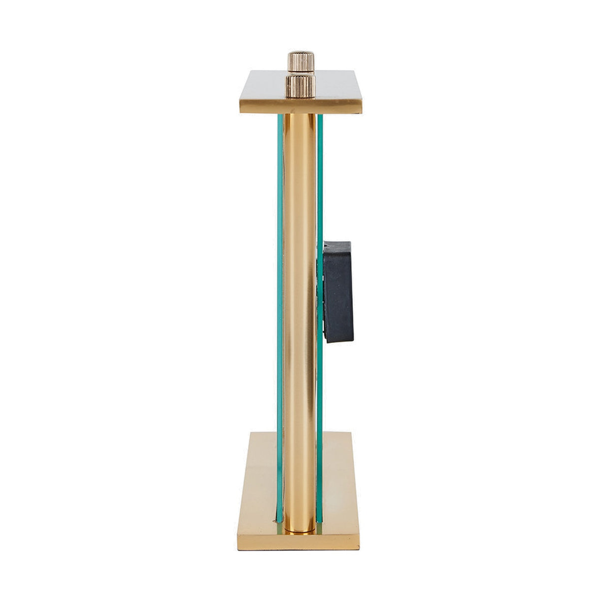 Gold brass table clock, 28cm, with floating glass clock face panels and a slim gold pillar column on square top and base plates, shown side-on against a plain white background.