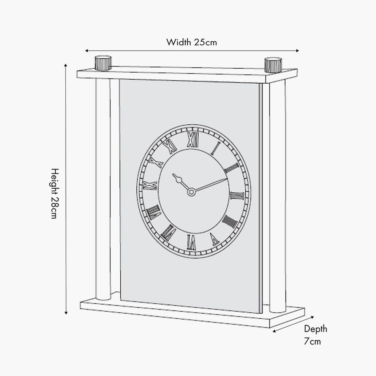 Line drawing of a gold brass table clock with floating glass clock face, Roman numerals, and twin support columns on a rectangular base, labelled 25cm width, 28cm height, 7cm depth.