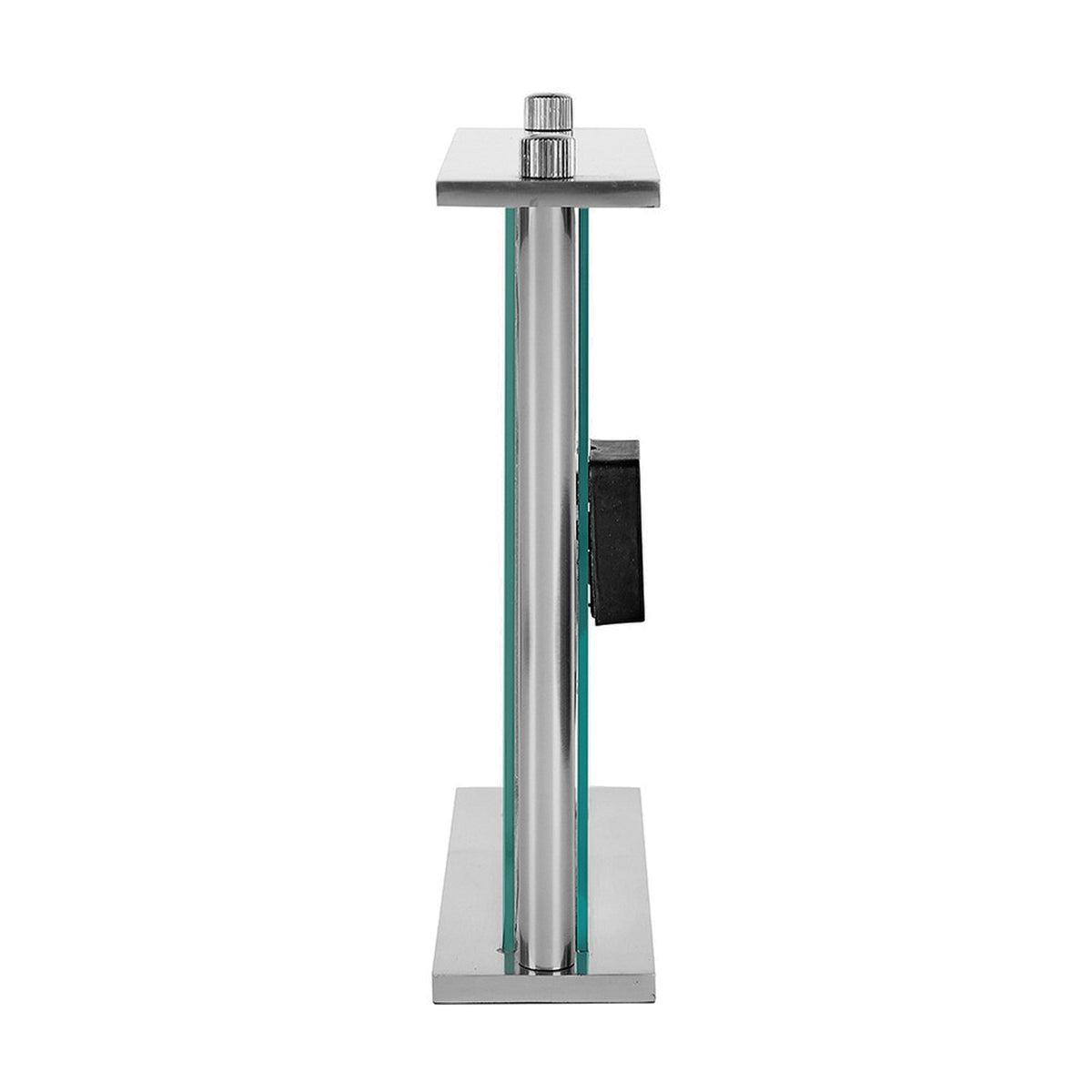 Silver metal table clock, 28cm, with slim column base, glass panel sides, and square top plate holding a small floating clock face, shown against a plain white background.