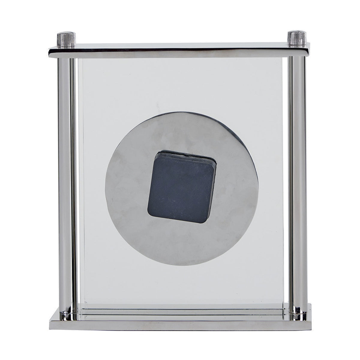 Silver metal and glass table clock, 28cm, with rectangular frame, round floating clock face and dark square hour marker, on a plain white background.