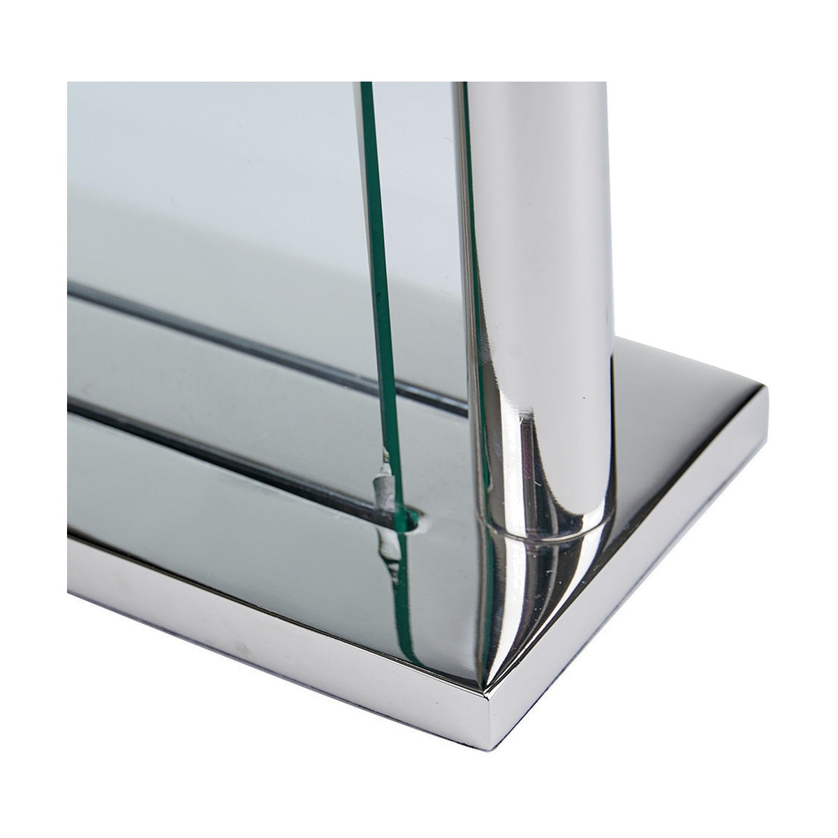 Close-up of the Silver Metal & Glass Floating Clock Face Table Clock's base, showing a chrome metal frame with rounded corner post and glass panel, on a plain white background.