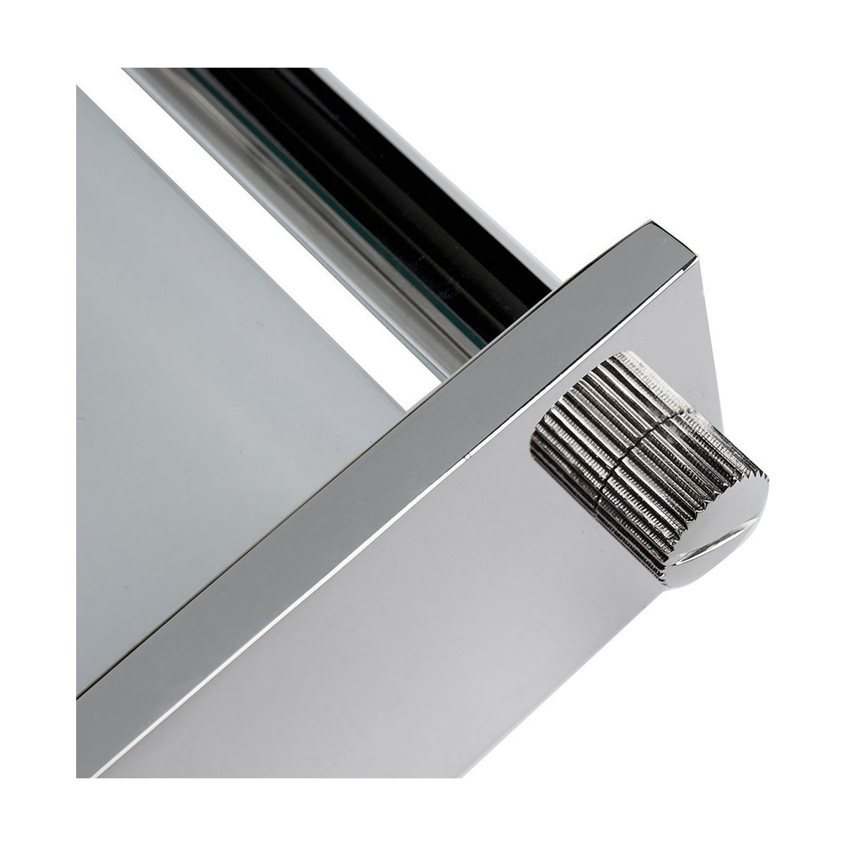 Close-up of the Silver Metal & Glass Floating Clock Face Table Clock showing the chrome frame corner with a fluted knurled adjustment knob and glass panel edge.