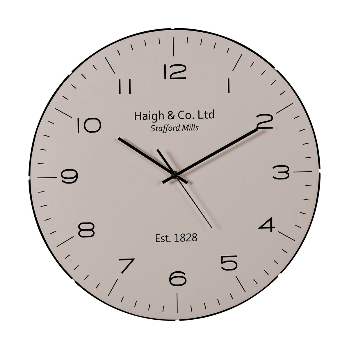 Beige & Black Dome Glass Wall Clock, 50cm, round analogue design with black hands, numerals and minute markers on a beige face, "Haigh & Co. Ltd" text, shown on a plain white background.