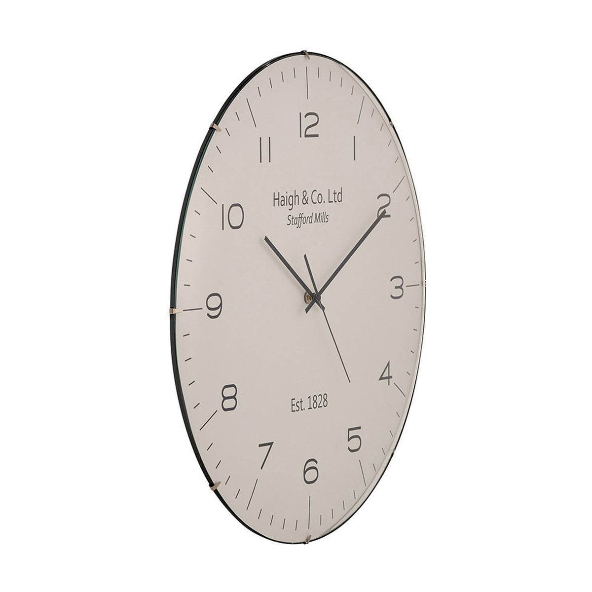 Beige & Black Dome Glass Wall Clock, 50cm, round cream face with black numerals, hands, and "Haigh & Co. Ltd Est. 1828" text, shown at an angle on a white background.