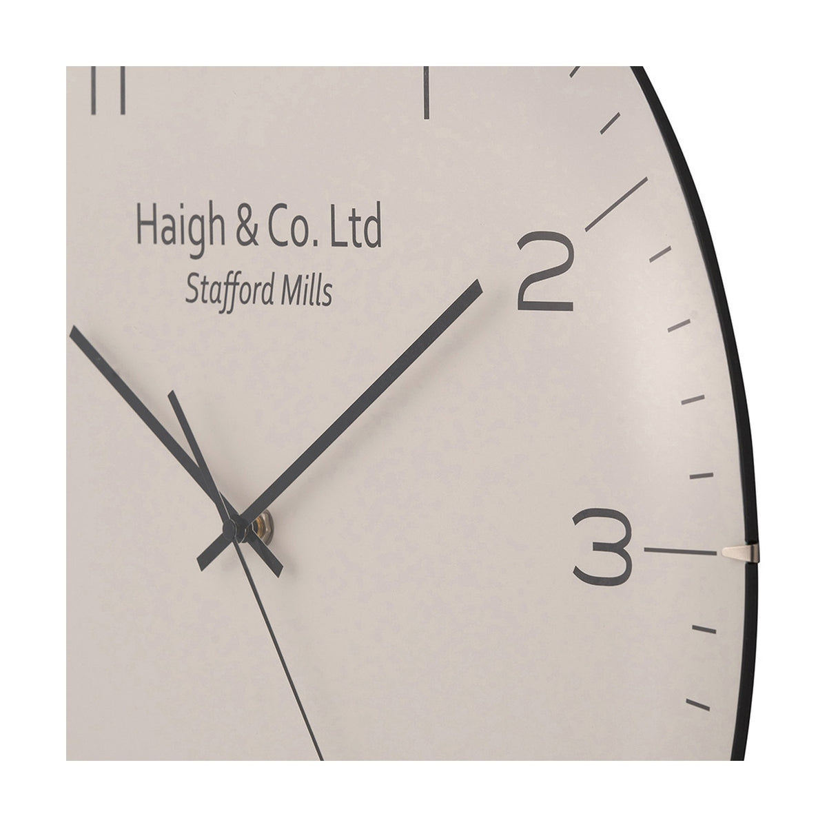 Close-up of the Beige & Black Dome Glass Wall Clock, 50cm, showing a cream face with bold black numerals, minute markers, black hands, and "Haigh & Co. Ltd" text under domed glass.