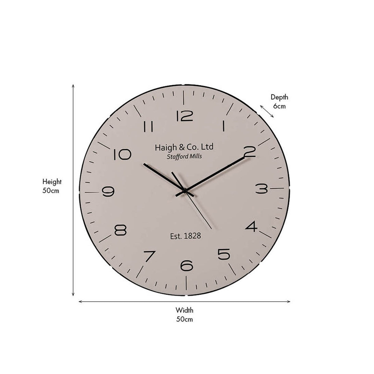 Beige & Black Dome Glass Wall Clock, 50cm round face with black numerals and hands, "Haigh & Co. Ltd" text, shown with height, width, and depth dimensions on a white background.