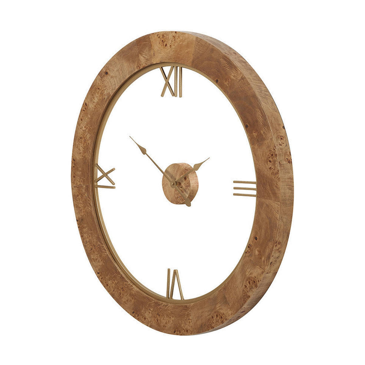 Newborough Burr Wood Effect Round Wall Clock, 80cm, with an open centre, brass-tone Roman numerals, and slender hands, shown on a plain white background.