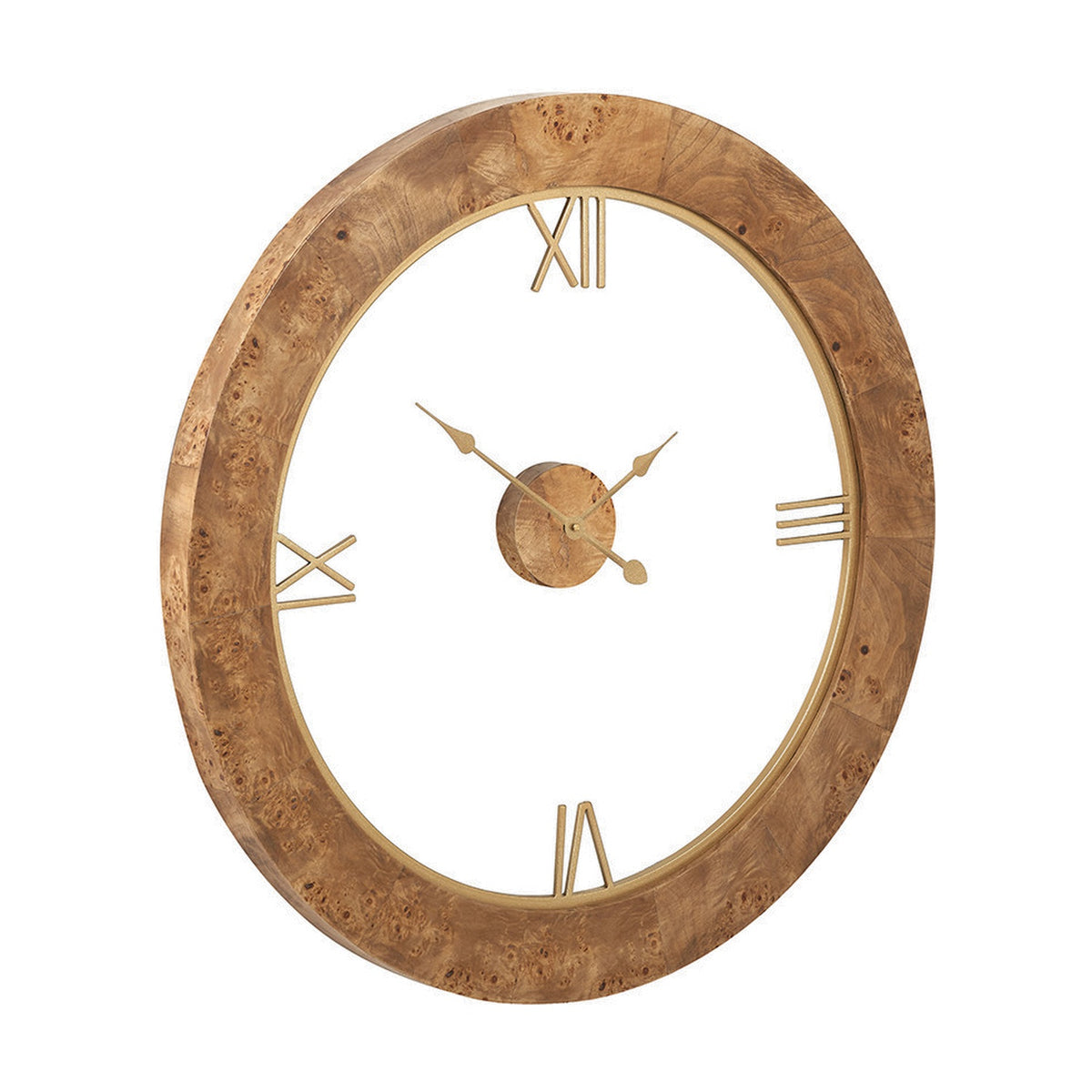 Newborough Burr Wood Effect Round Wall Clock, 80cm, with an open centre design, gold-tone Roman numerals, hands and hour markers, shown on a plain white background.