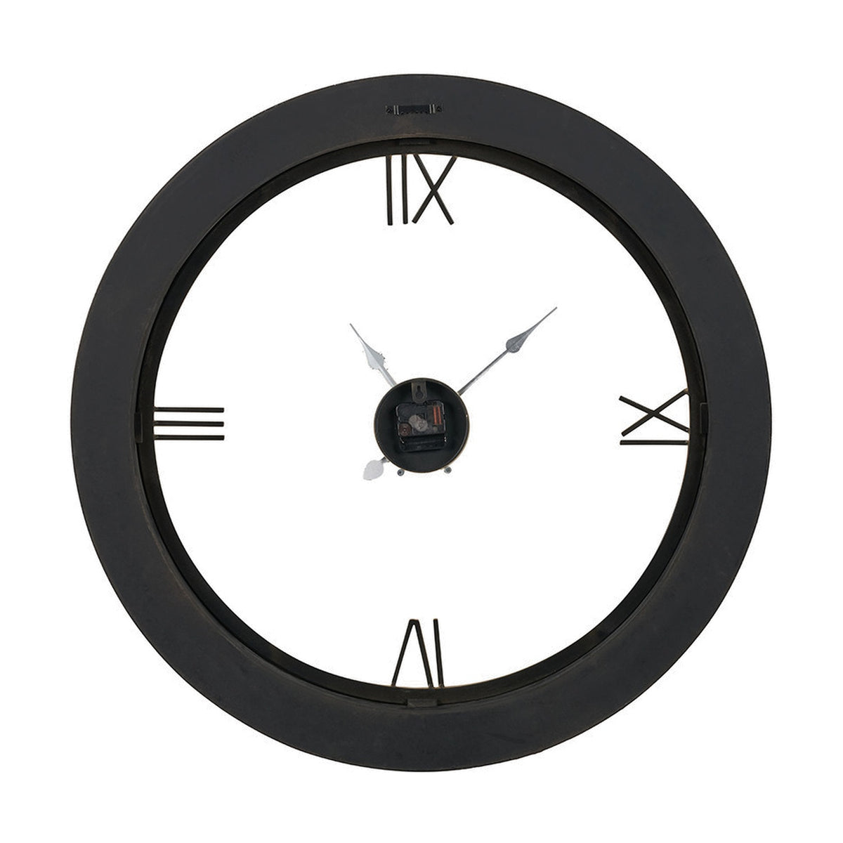 Newborough 80cm round wall clock with dark wood-effect open frame, cut-out Roman numerals, and silver hands over exposed black clock mechanism, on a white background.