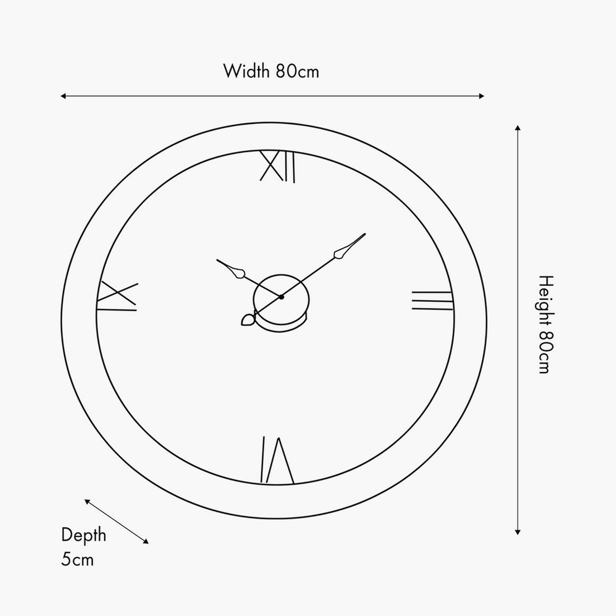 Line drawing of the Newborough Burr Wood Effect Round Wall Clock, 80cm, showing a round frame, Roman numerals, hour and minute hands, with width, height and 5cm depth dimensions labelled.