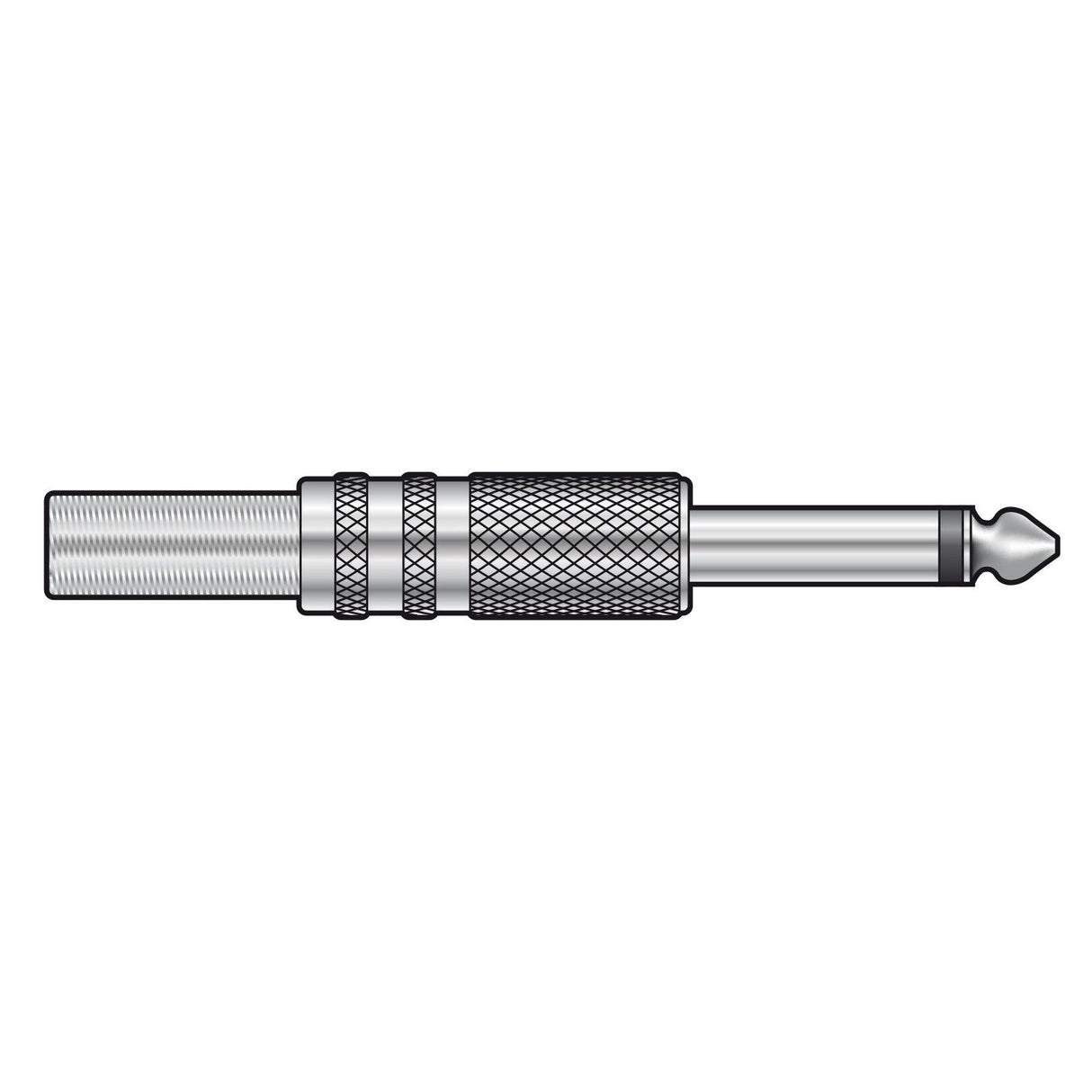 A depiction of the QTX 6.3mm Mono Plug, Metal, featuring a cylindrical chromed metal body with a textured grip. The plug's tip has a single ring connector, typically used in audio equipment jacks, set against a plain white background.