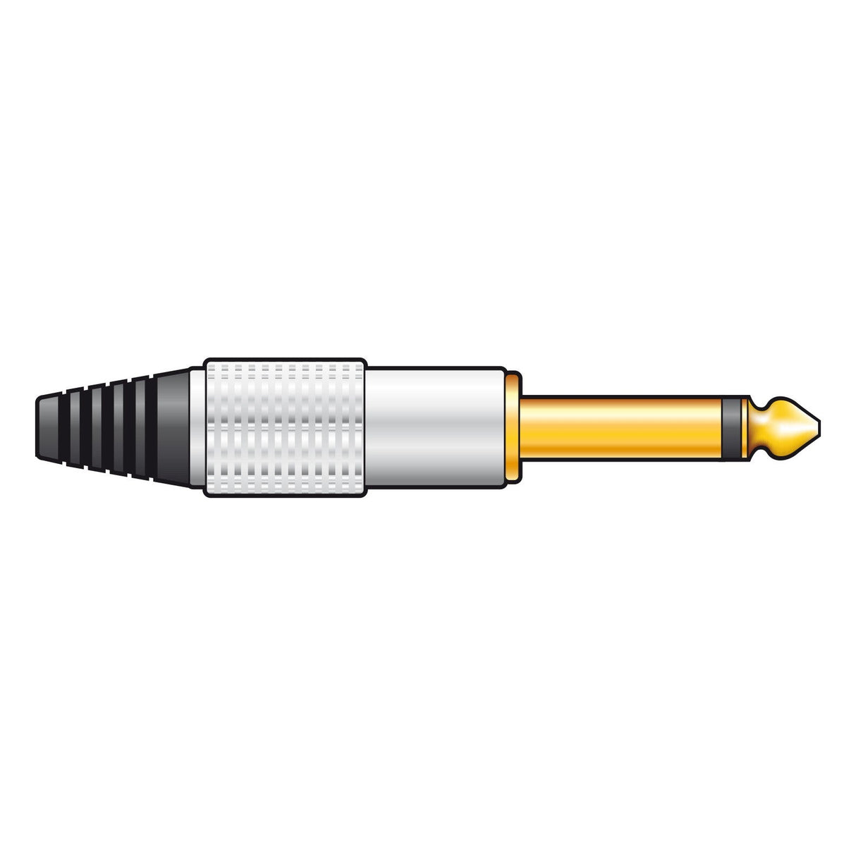 Visual depiction of the QTX Gold Plated 6.3mm Jack Plug, Mono, showcasing its gold-plated tip and silver aluminium-like casing. The plug is fitted with a black ribbed cable protector at the end, set against a white background.