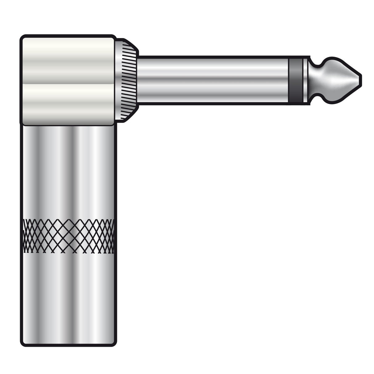 Illustration of the QTX Heavy Duty 6.3mm Jack, Right Angle, Mono, showcasing its robust jack plug with a metal right-angled design and a sleek metallic appearance. It has a silver tip and a knurled grip for easy handling.