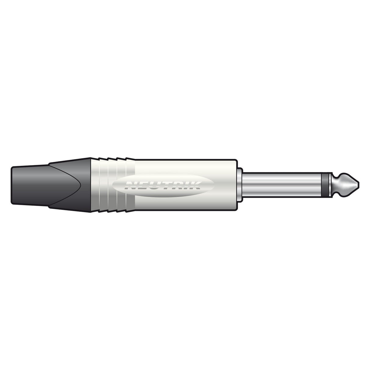 Depiction of a Neutrik NEUTRIK NP2X, 6.3mm mono plug with a metal tip and black and white plastic housing. The design features ridged details for grip, set against a plain white background to emphasize the sleek functionality of this essential audio component.