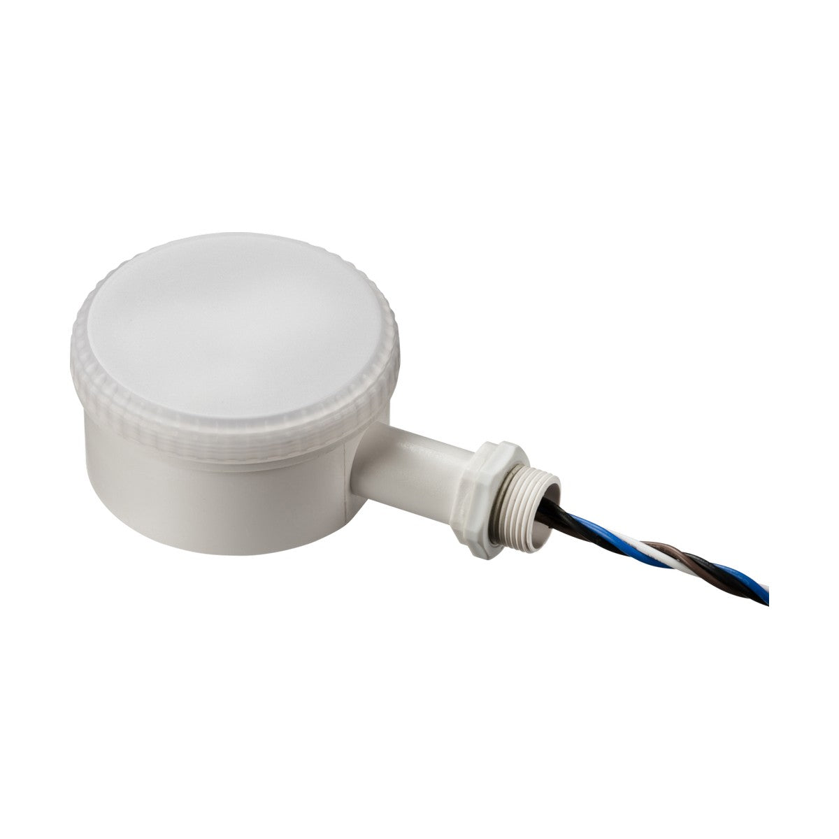 The Outdoor Microwave Sensor, a white cylindrical device with a round cover, is connected to a cable meant for commercial applications. The cable includes blue, black, and brown wires and extends from a side connector on the sensor. It is designed with IP65 protection and is set against a plain white background.