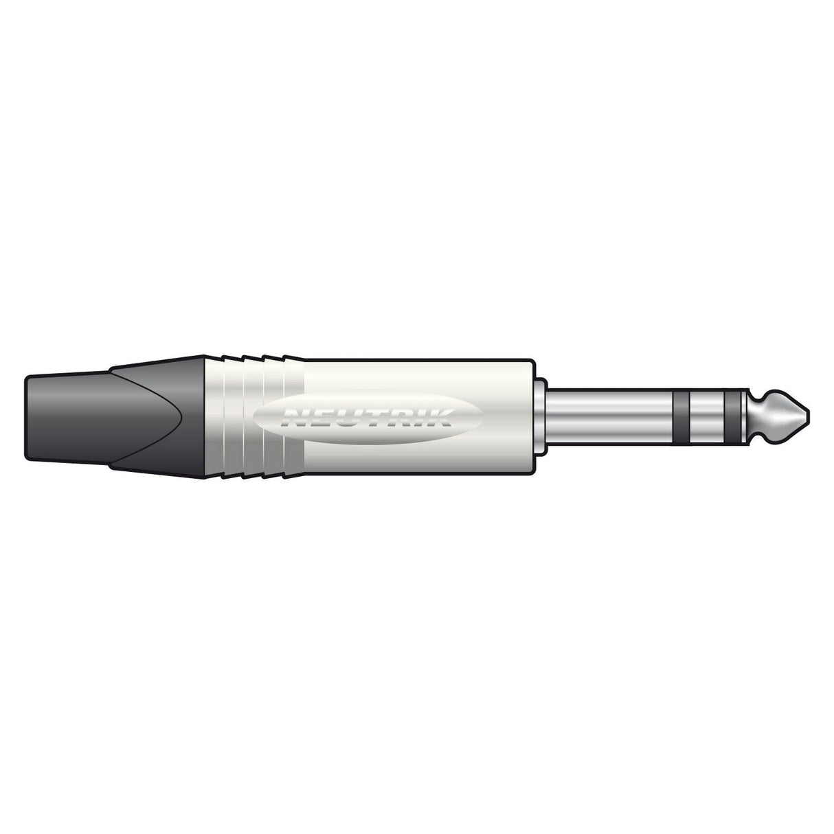 Illustration of the Neutrik NEUTRIK NP3X, 6.3mm Stereo Plug, featuring a professional design with a silver and black finish, all-metal construction, distinct metal tip, and ridged grip section.