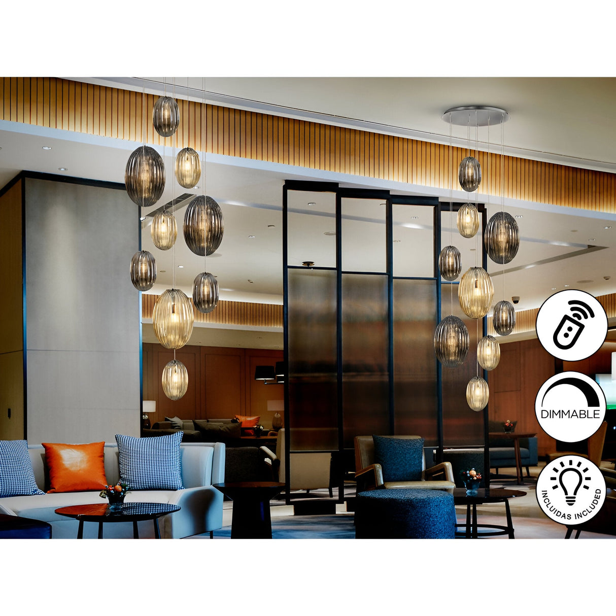 Ovila 9 Light Glass Cluster Pendant Light - Smoked Black/Brandy (With Remote Control)