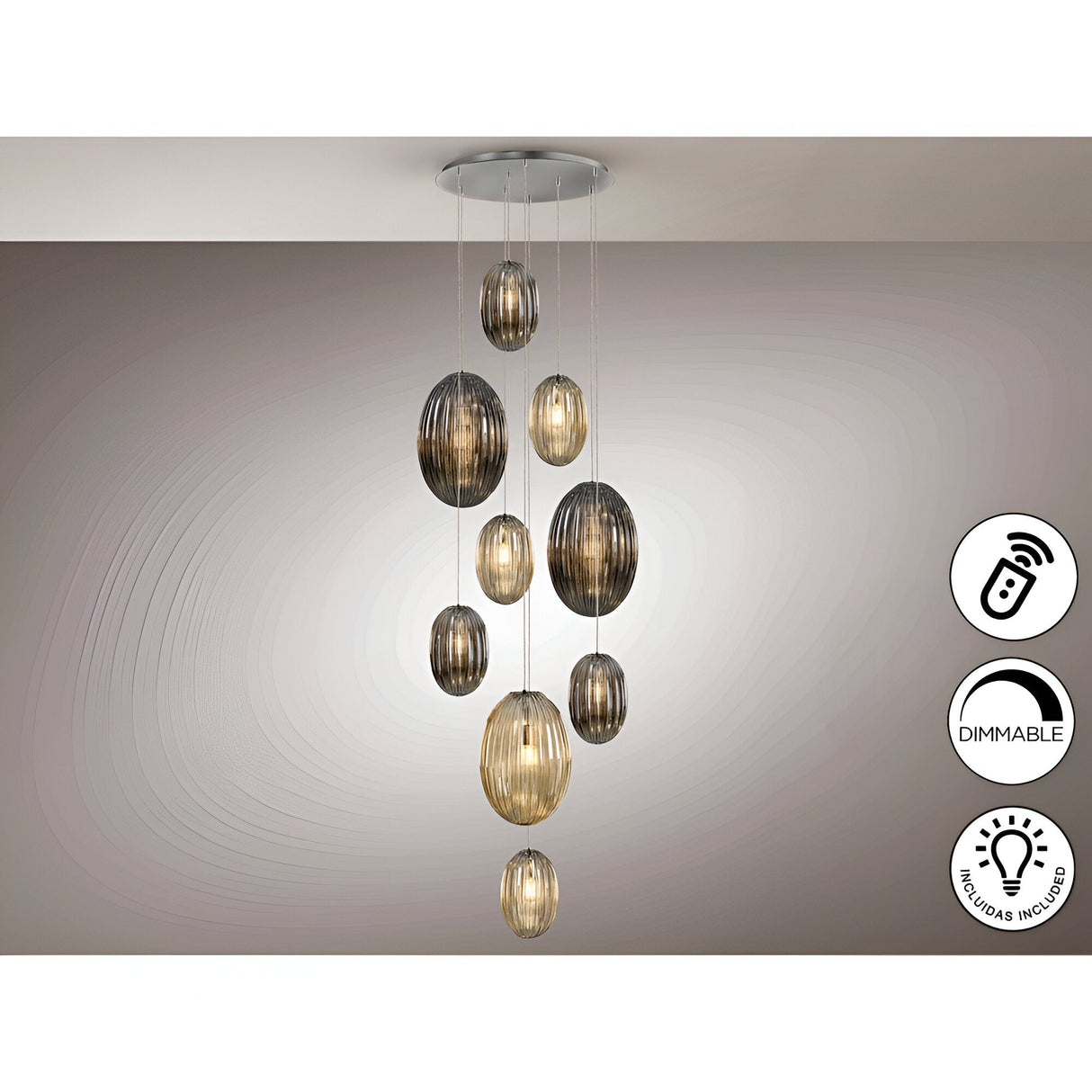 Ovila 9 Light Glass Cluster Pendant Light - Smoked Black/Brandy (With Remote Control)
