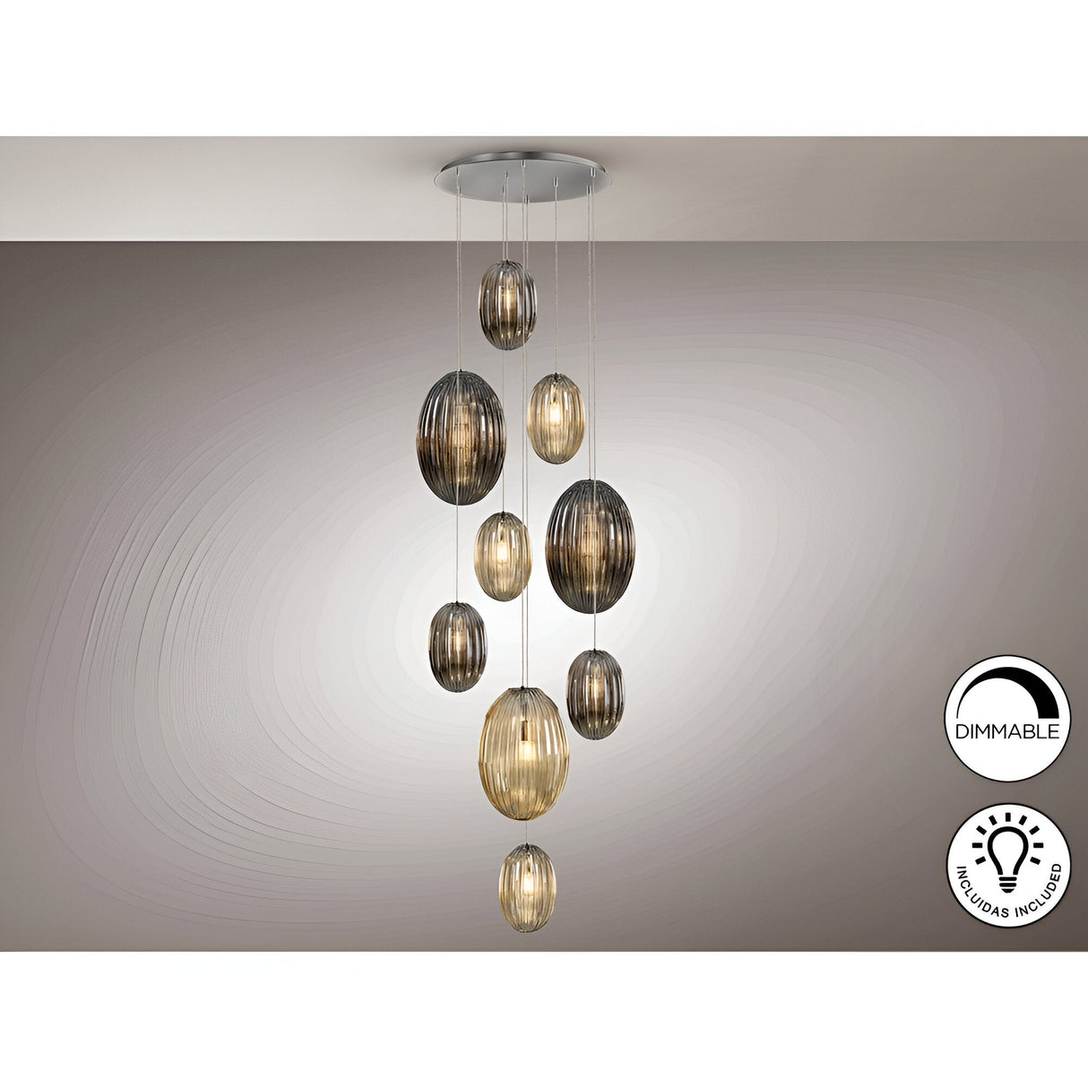 Ovila 9 Light Glass Cluster Pendant Light - Smoked Black/Brandy