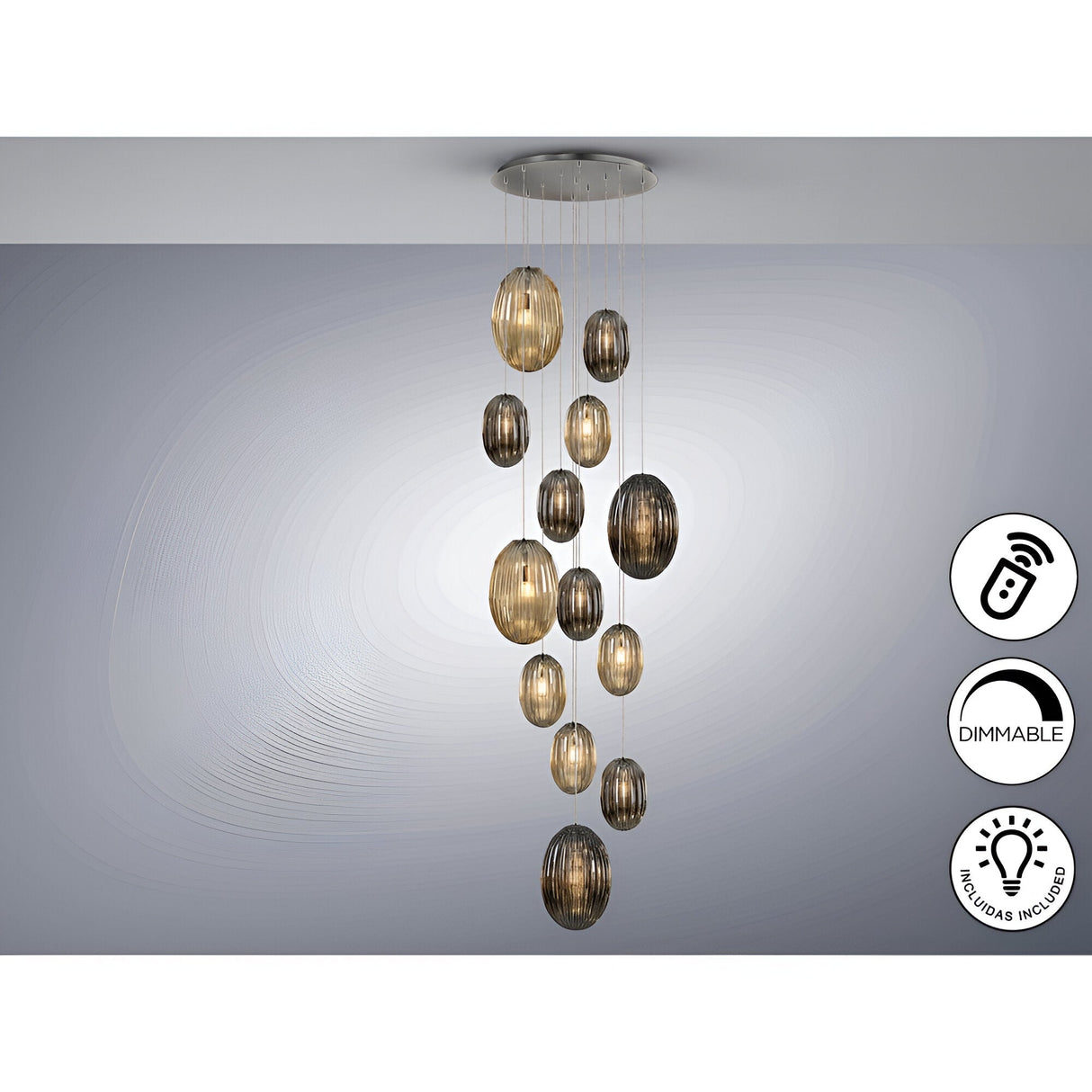 Ovila 13 Light Glass Cluster Pendant Light - Smoked Black/Brandy (With Remote Control)