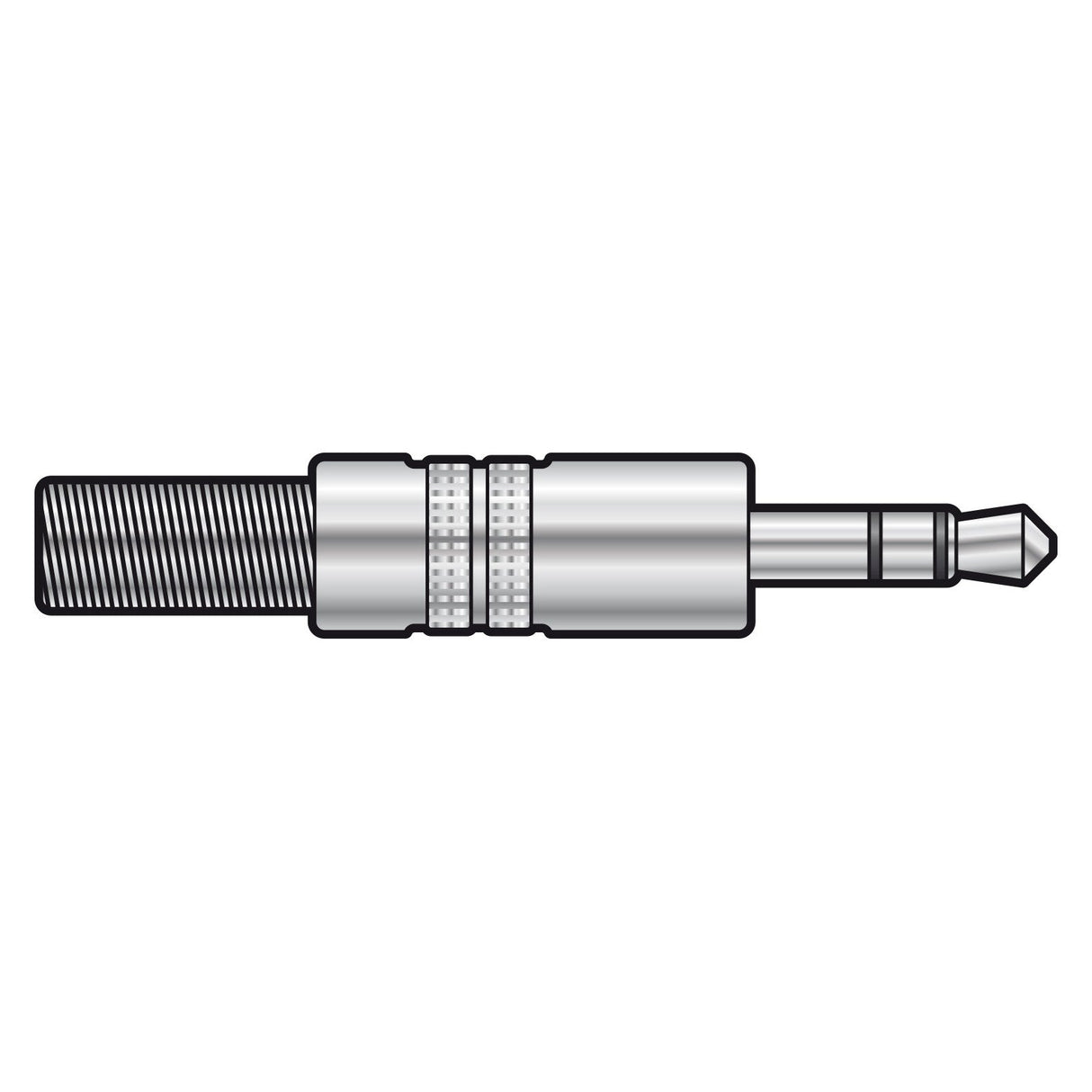 An illustration of the QTX 3.5mm Stereo Plug, Metal is depicted, showcasing its silver ribbed, textured grip and sleek chrome metal body. The plug is presented from a side angle on a white background, highlighting its standard design and cylindrical shape.