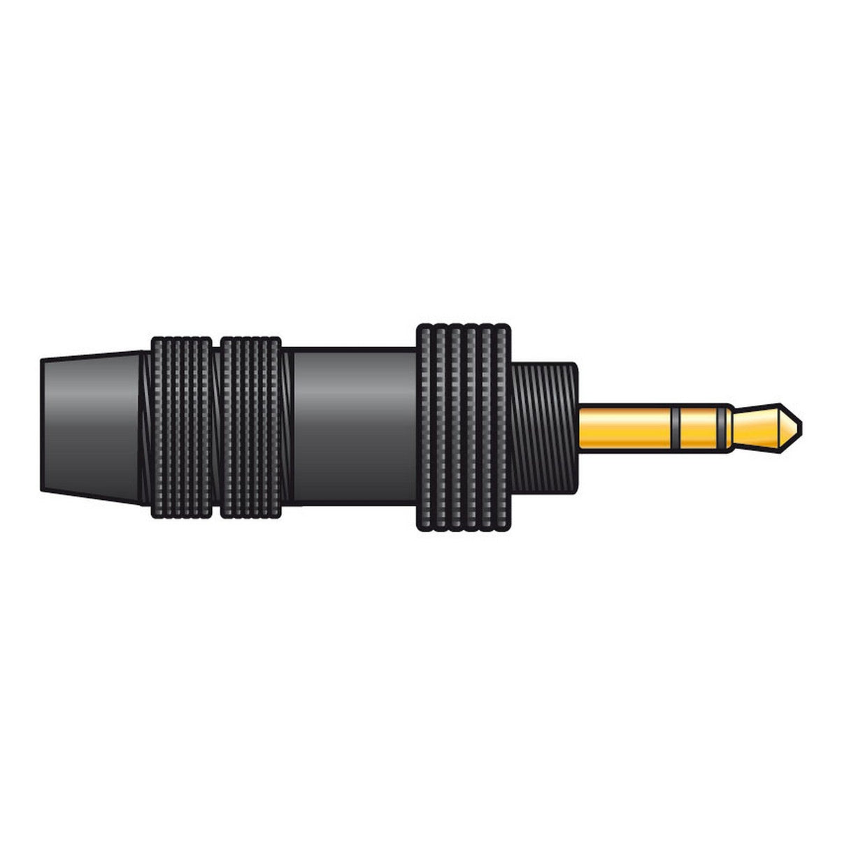 Depiction of a QTX 3.5mm Stereo Plug 6mm in black, featuring a gold stereo tip, displayed horizontally against a white background.