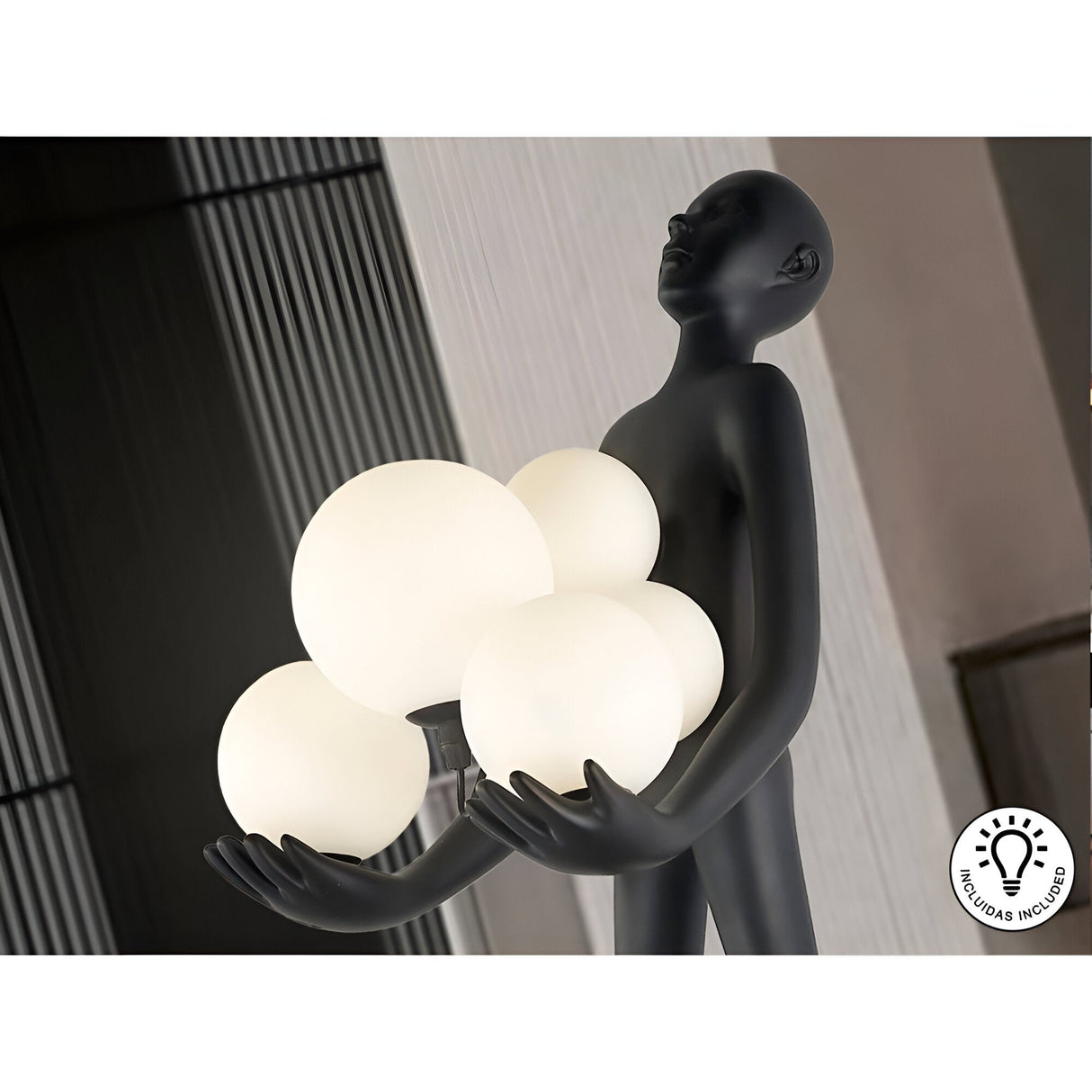 La Carga Black Sculpture With LED Opal Sphere Lights - 82cm