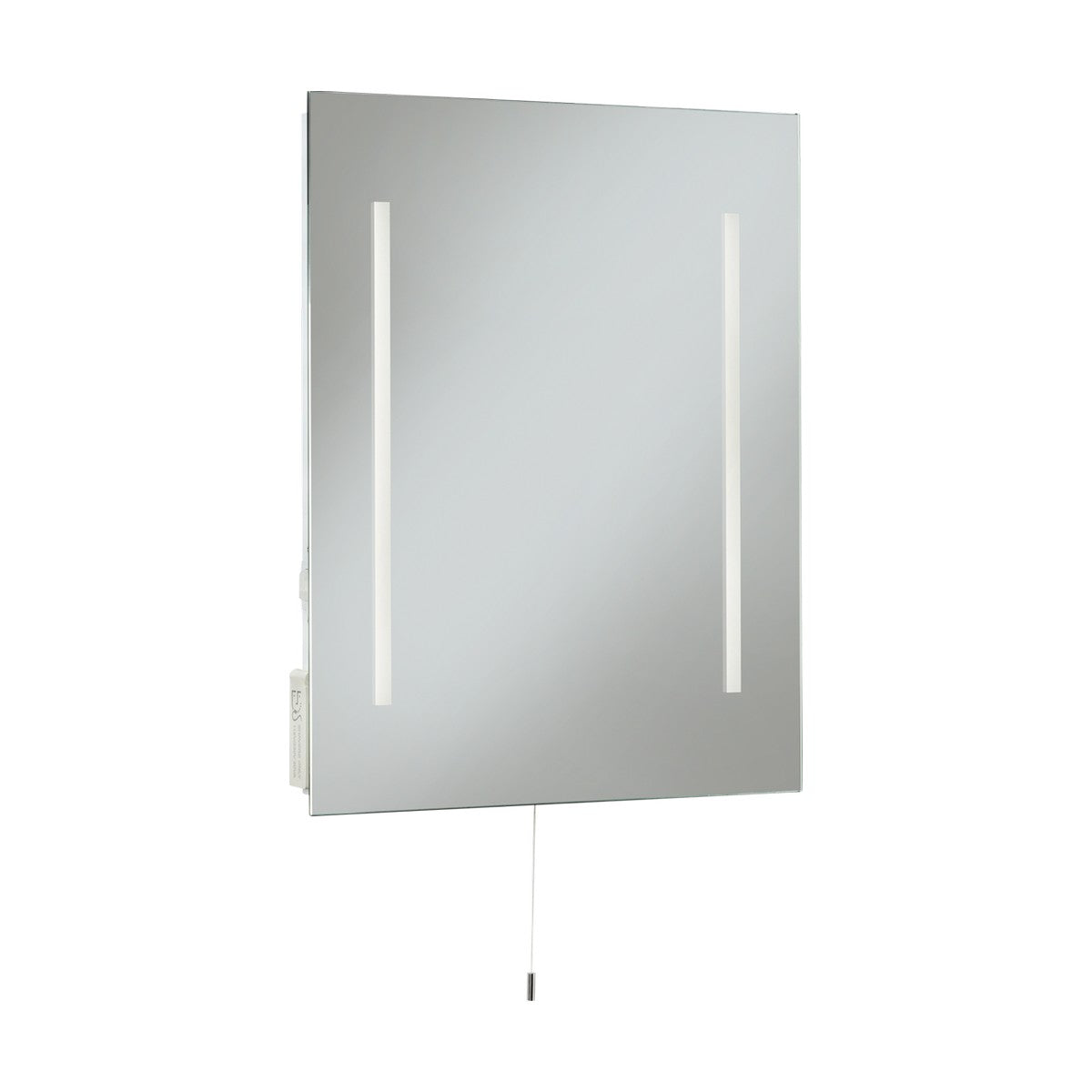 The 50x39cm LED Bathroom Mirror features two vertical Cool White LED strips along each side and a pull cord at the bottom. Its sleek and modern design also incorporates a concealed dual shaver socket for added convenience.