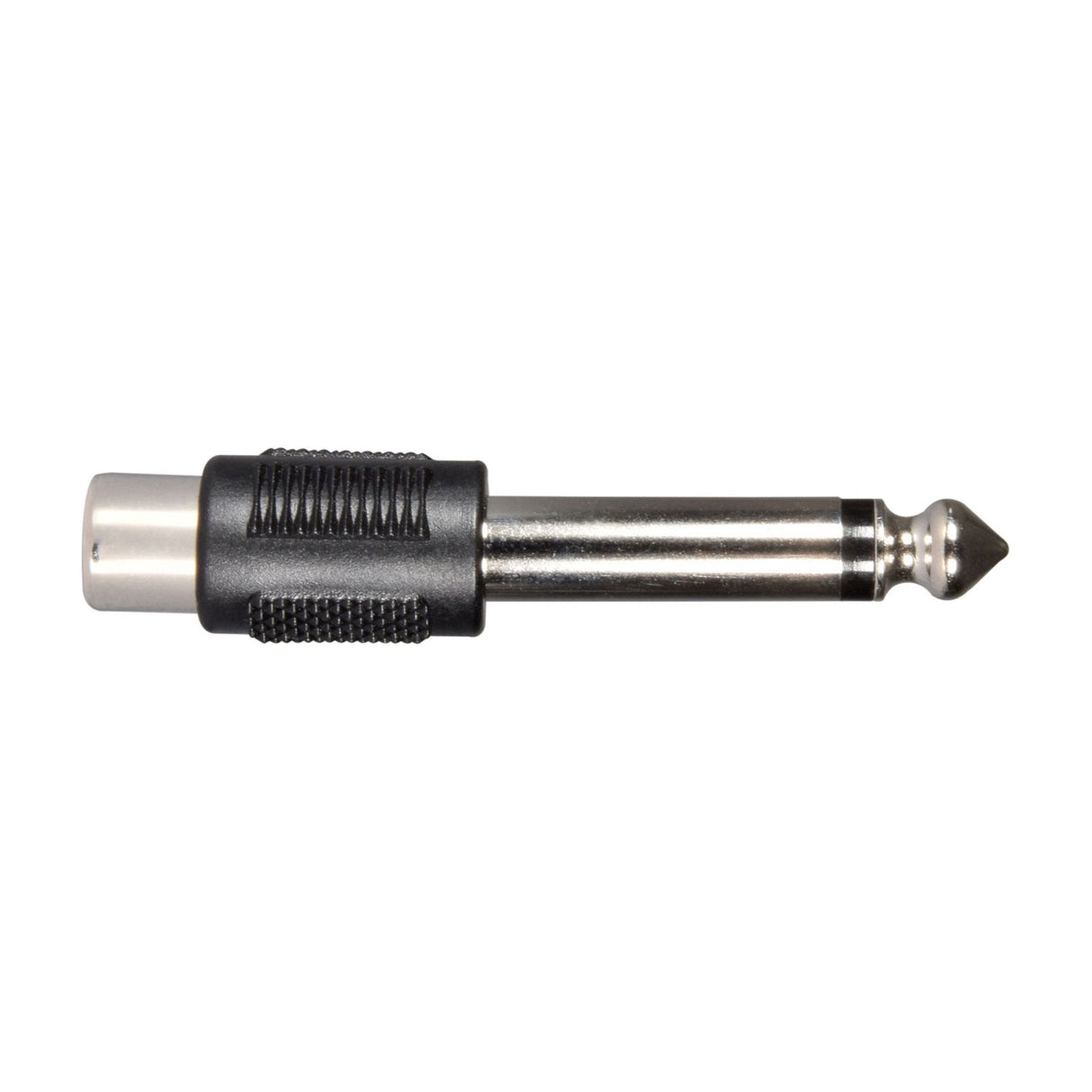 QTX RCA phono socket to 6.3mm mono jack plug adaptor with black grip and nickel-plated metal barrel, shown on a plain white background.