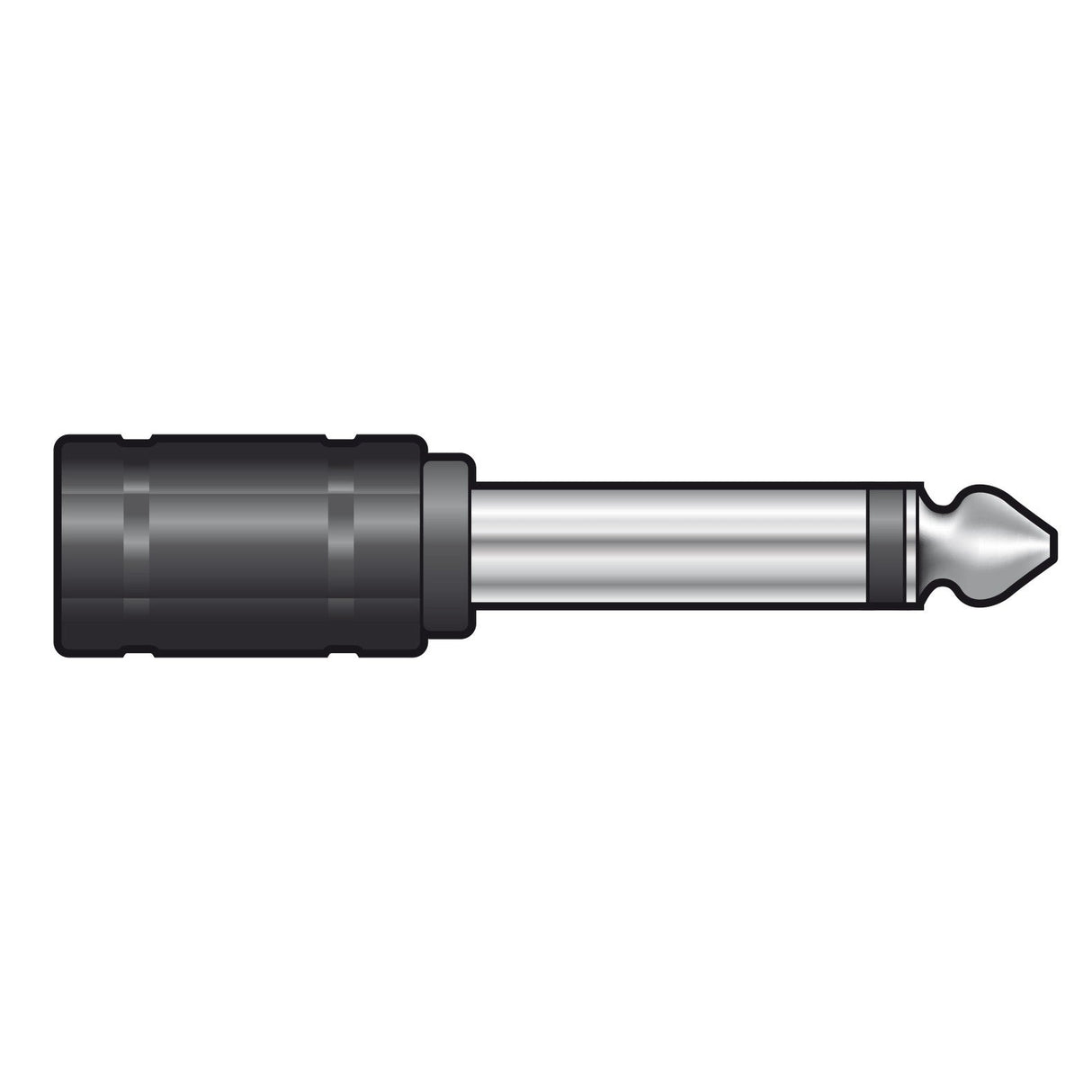 Depiction of the QTX Adaptor featuring a 6.3mm mono jack plug with a black sleeve and silver metallic tip. This unbalanced mono audio connector is designed for connecting audio equipment such as guitars, amplifiers, and headphones. The plug is shown in a horizontal position.