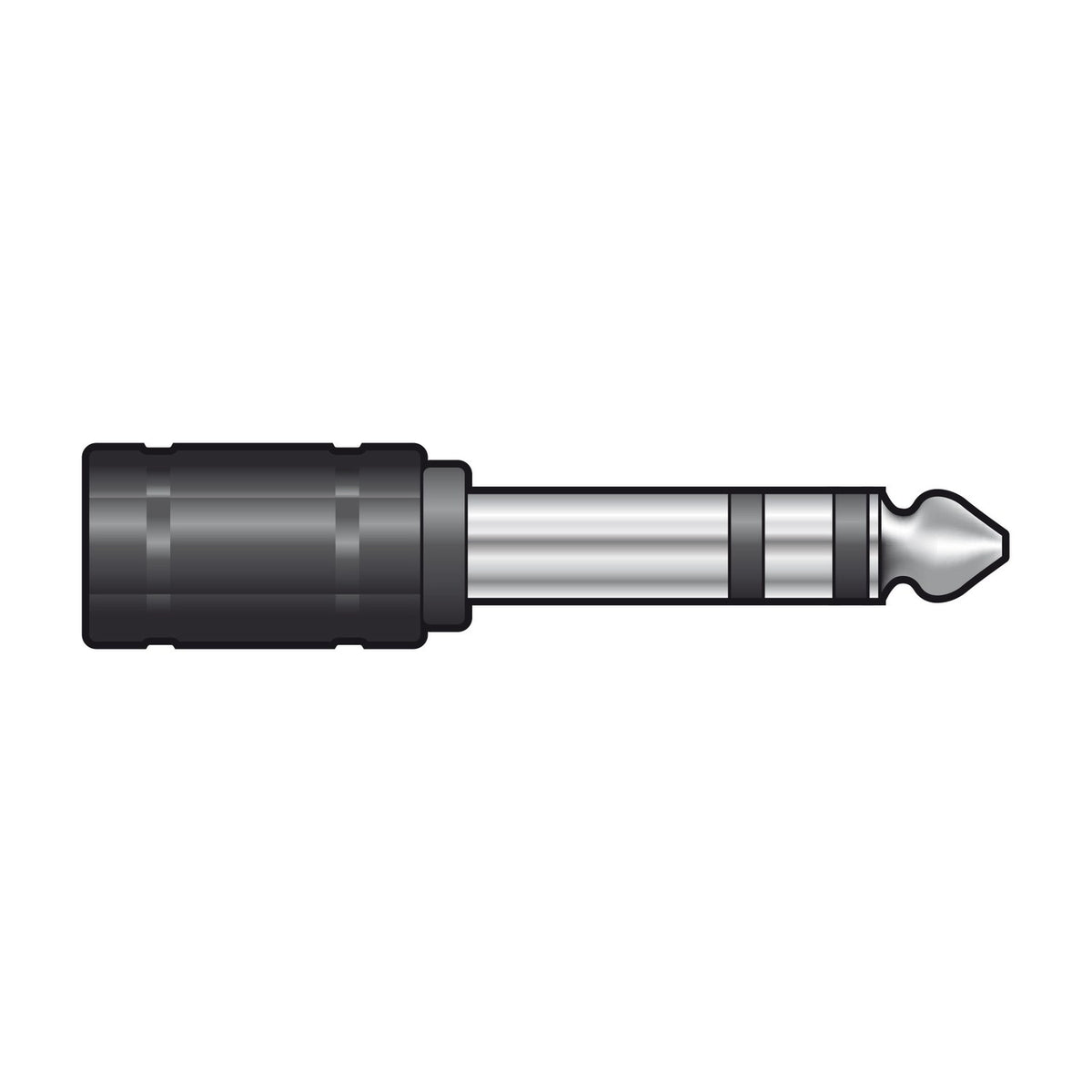 QTX 6.3mm stereo jack plug to 3.5mm socket adaptor with black barrel body and silver metal jack tip, shown on a plain white background.